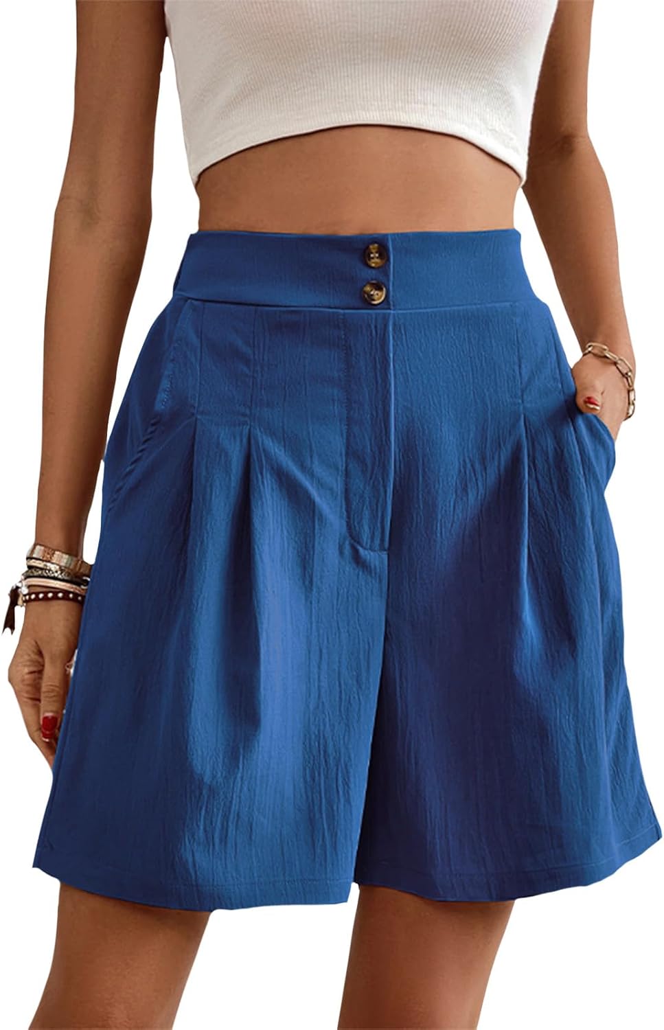 GYMTSL Bermuda Shorts for Women Summer Knee Length Wide Leg High Elastic Waisted Casual Loose Fit Cargo Shorts with Pockets