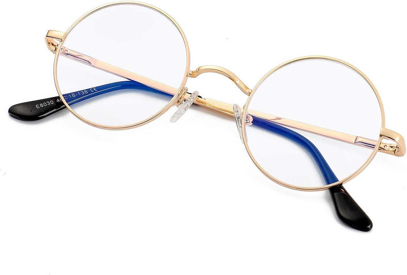 JiffPom Round Blue Light Blocking Glasses for Women Men Circle Clear Lens Metal Frame Eyeglasses Non Prescription