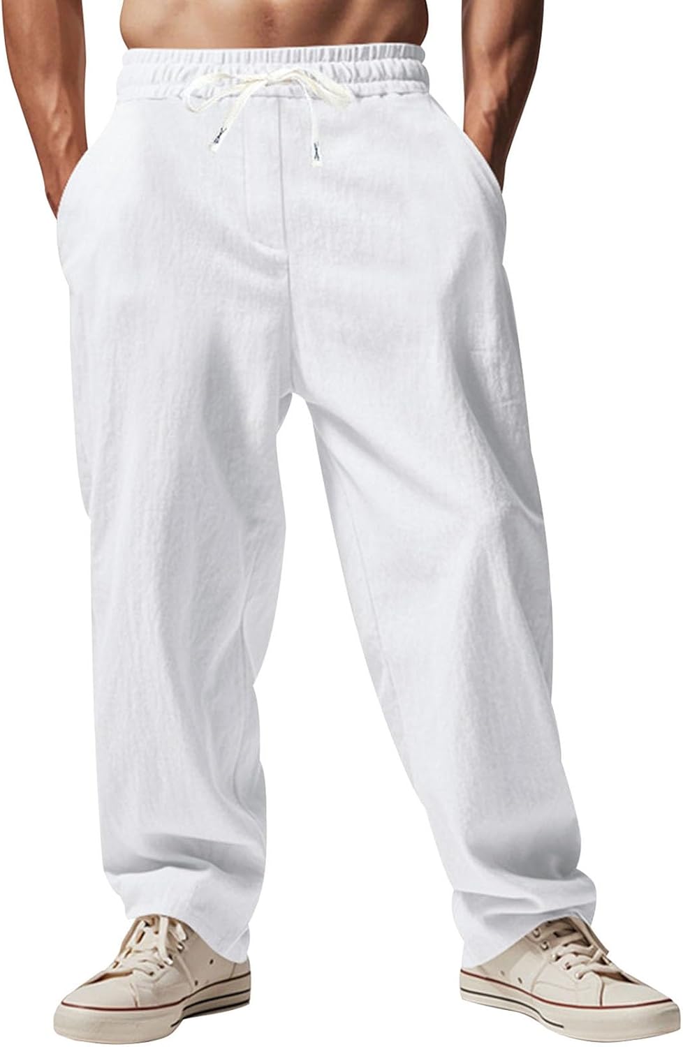 Alivebody Mens Linen Pants Straight-Legs Elastic Waist Casual Summer Beach Pants Drawstring Lightweight Trousers with Pockets