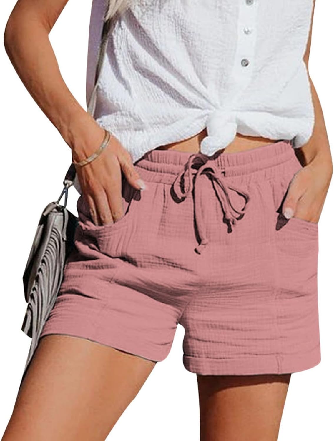 GYMDOG Cotton Linen Shorts for Women Summer Shorts Elastic Waist Drawstring Pockets Casual Relaxed Fit Comfortable Beach Lounge