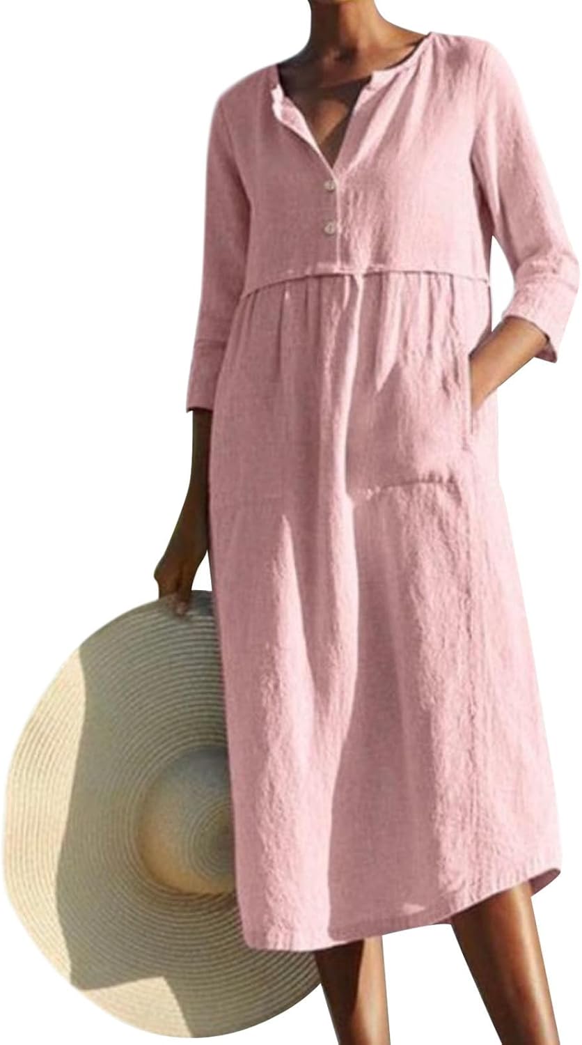 Embryform Womens Cotton Linen Button Down Shirt Midi Dress, Crew Neck 3/4 Sleeve Loose Casual Spring Summer Dress with Pockets