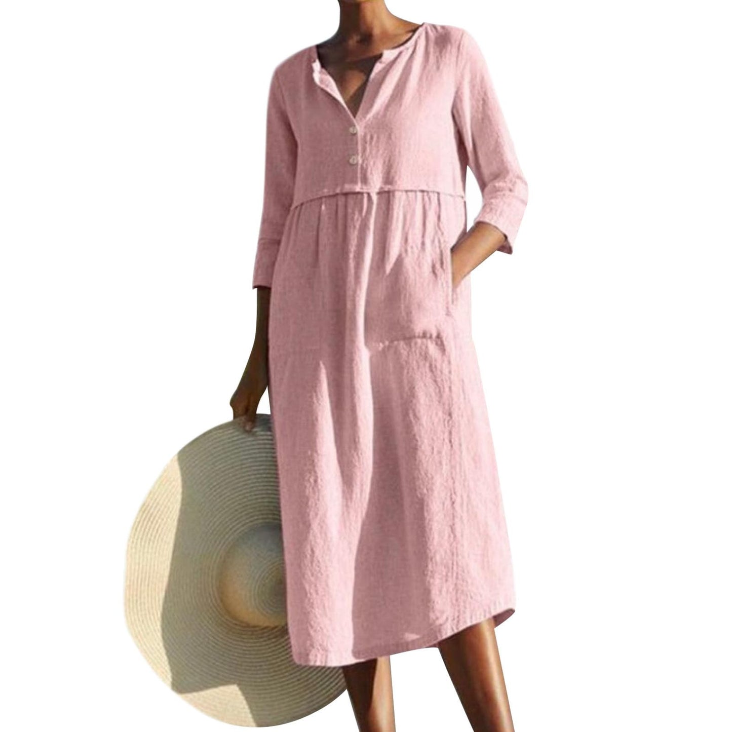 Embryform Womens Cotton Linen Button Down Shirt Midi Dress, Crew Neck 3/4 Sleeve Loose Casual Spring Summer Dress with Pockets