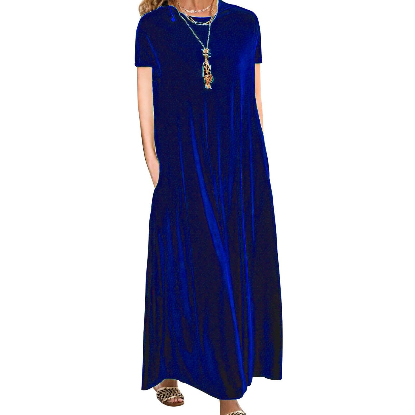 Embryform Velvet Dress for Women Spring Maxi Dress 2026 Plus Size Short Sleeve Velvet Casual Loose Elegant Crew Neck with Pocket