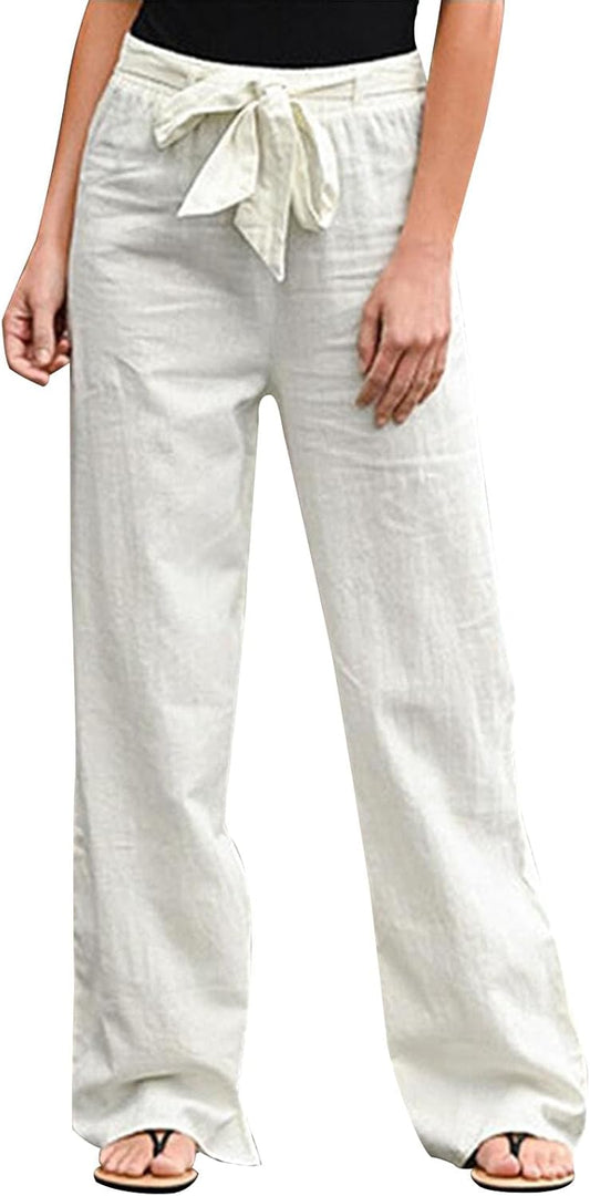 GYMBULL Womens Cotton Linen Summer Pants Tie High Waisted Casual Straight Leg Pants Dressy Palazzo Soft Trousers with Pockets M White