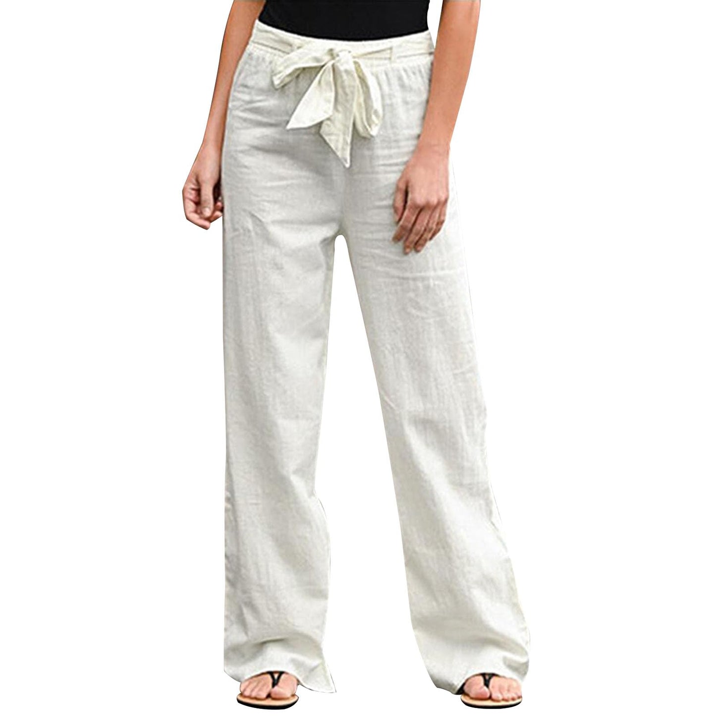 GYMBULL Womens Cotton Linen Summer Pants Tie High Waisted Casual Straight Leg Pants Dressy Palazzo Soft Trousers with Pockets