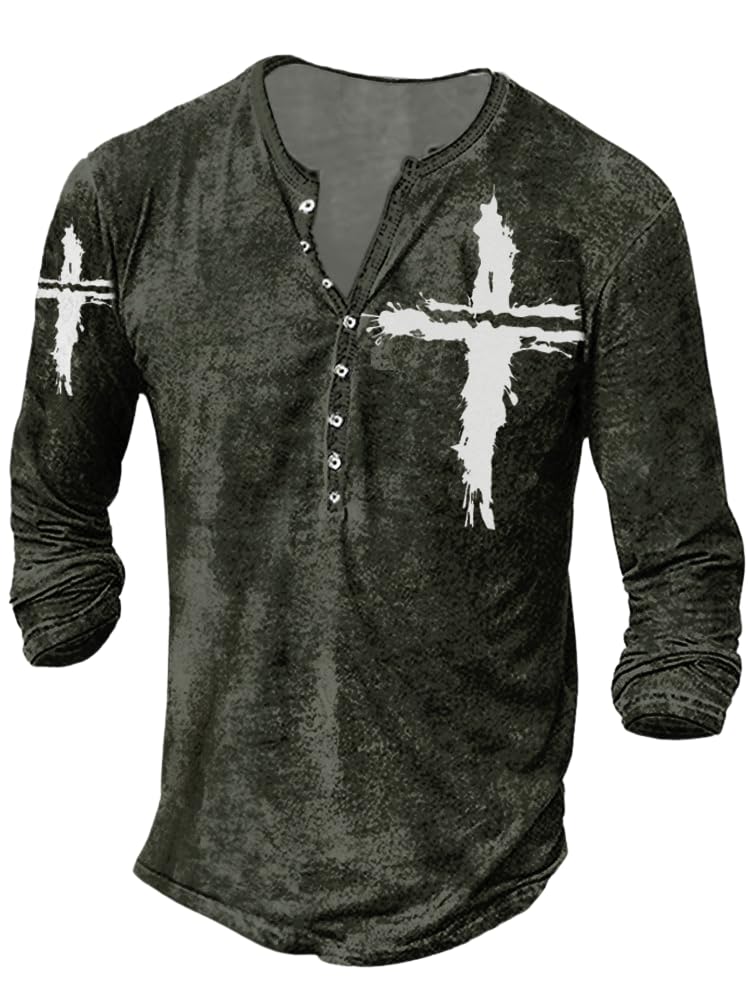 JiffPom Mens Henley Shirts Christian Shirt Jesus Cross Retro Long Sleeve Casual Button Down Washed T-Shirts Boy's Tops