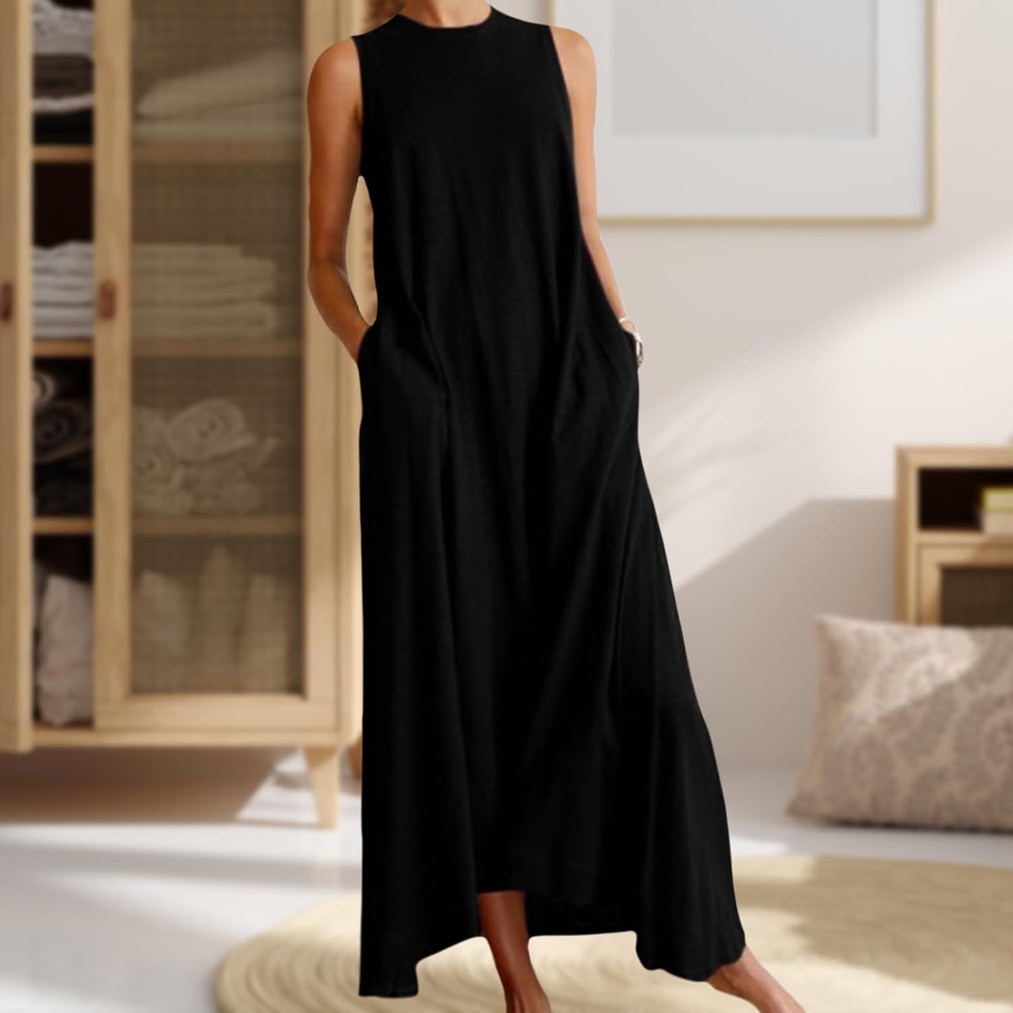 Bejirog Sleeveless Summer Dresses for Women,2026 Casual Tank Top Long Maxi A Line Swing Dress Crew Neck with Pockets