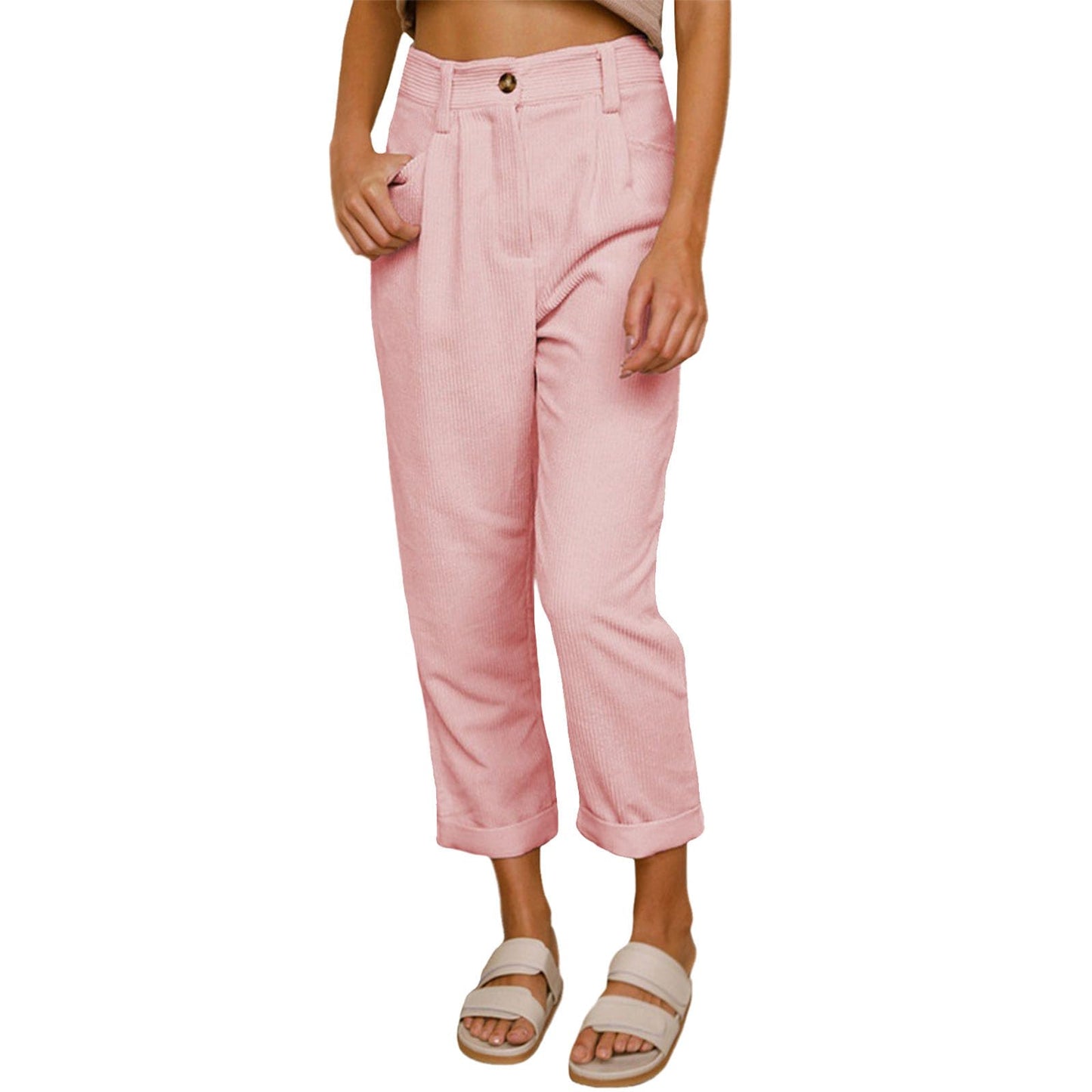 Reigee Womens Premium Corduroy Pants High Waist Wide Leg Trousers with Pockets Button Closure Elastic Waistband Casual Straight