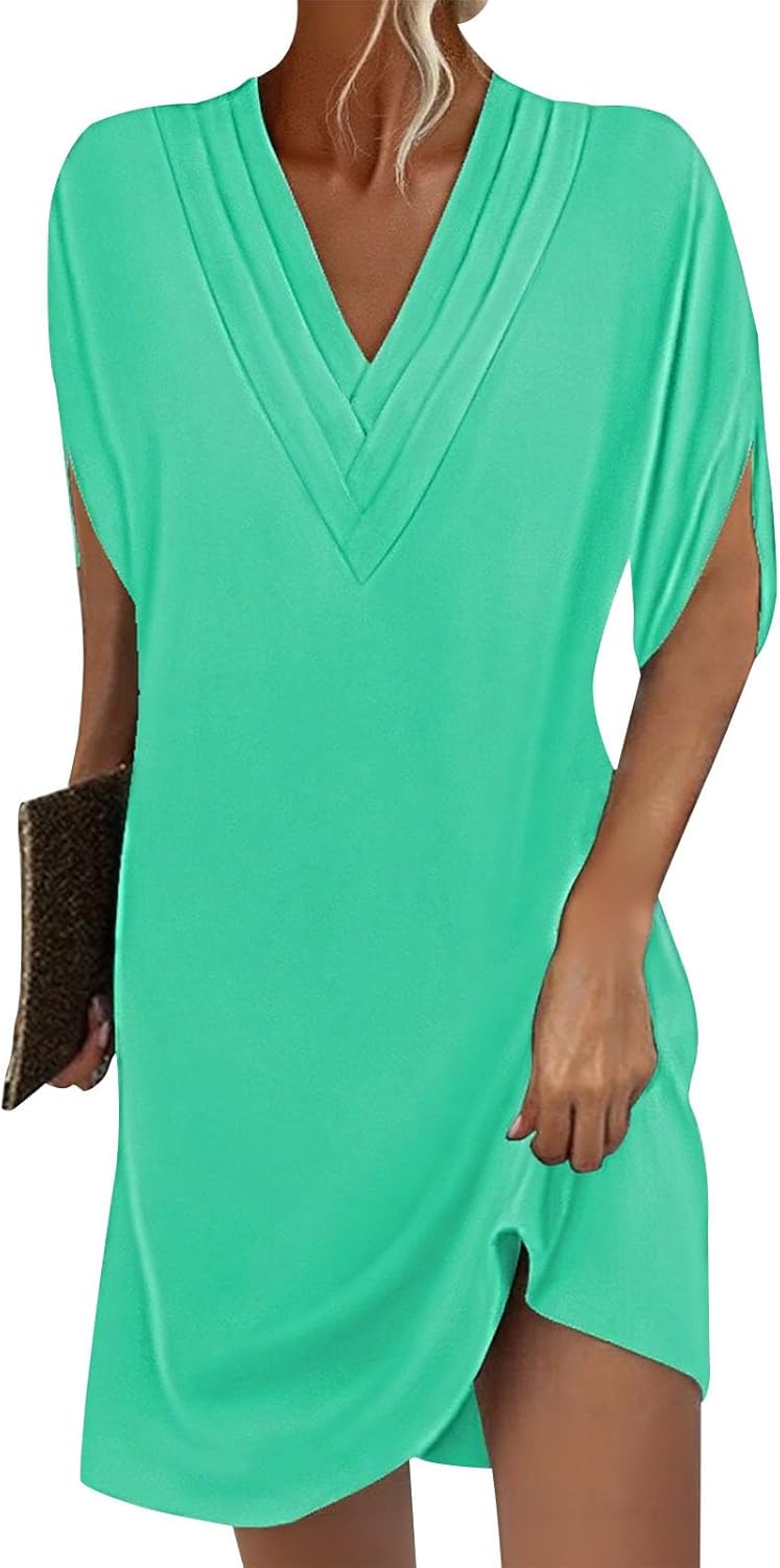 Embryform Soft Petal Sleeve V Neck Tunic Dress for Women 2026, Loose Casual Summer Midi Dress with Pockets