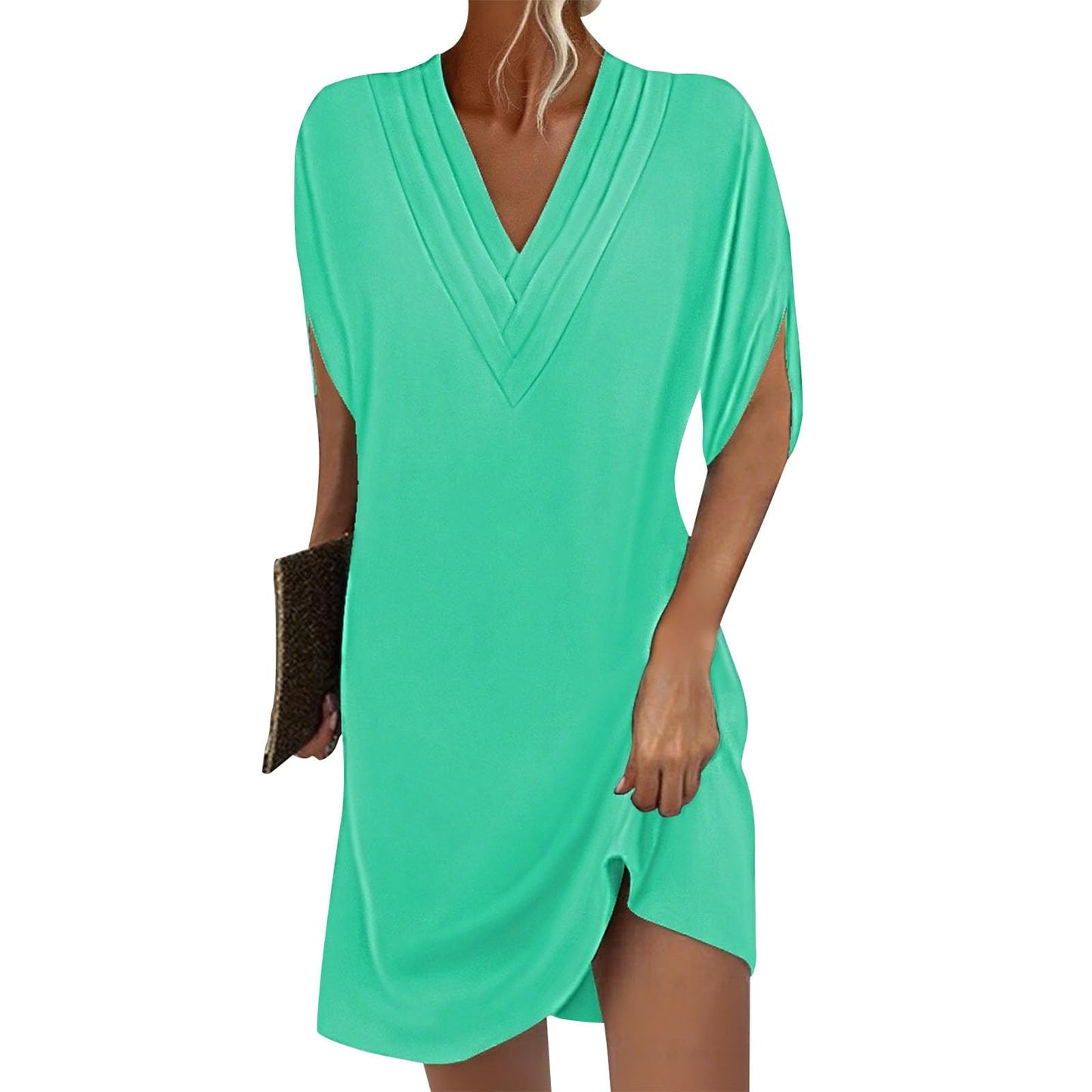 Embryform Soft Petal Sleeve V Neck Tunic Dress for Women 2026, Loose Casual Summer Midi Dress with Pockets