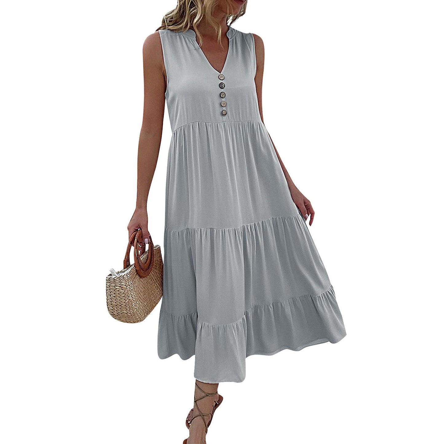 FONDBERYL Sleeveless Midi Dress for Women, V Neck Tank Dress with Tiered Ruffle Hem Flowy A Line Casual Spring Summer Dresses