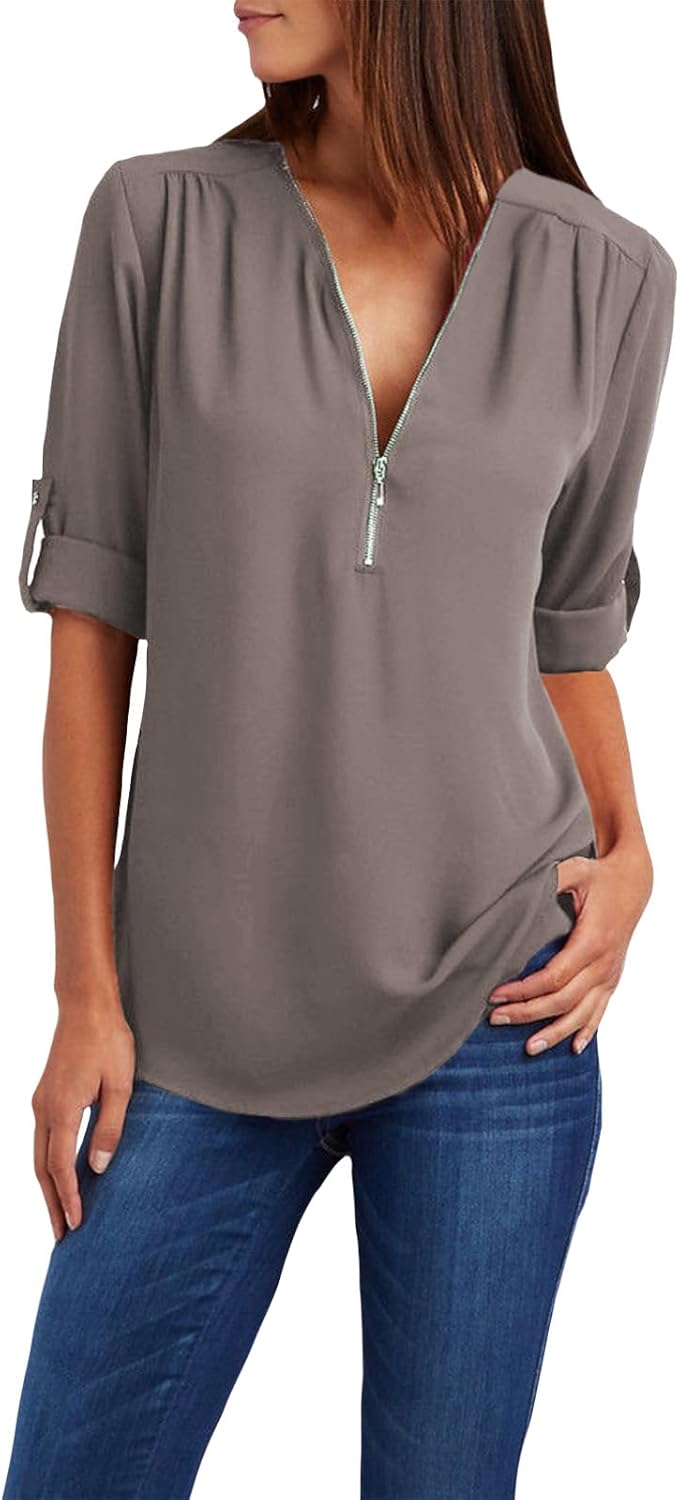 WAZZAP Women‘s Chiffon Tops, Zip Up V Neck Long Sleeve Shirt Roll Up Sleeve Loose Fit Tunic Tops Casual Trendy Chiffon Blouse