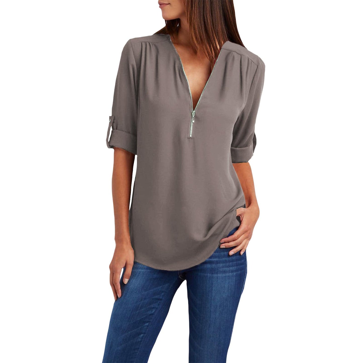 WAZZAP Women‘s Chiffon Tops, Zip Up V Neck Long Sleeve Shirt Roll Up Sleeve Loose Fit Tunic Tops Casual Trendy Chiffon Blouse