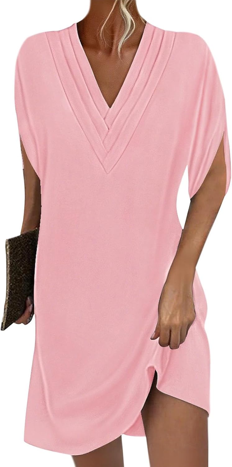 Embryform Soft Petal Sleeve V Neck Tunic Dress for Women 2026, Loose Casual Summer Midi Dress with Pockets