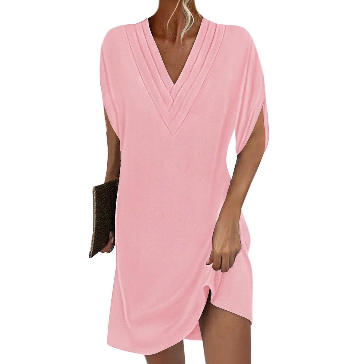 Embryform Soft Petal Sleeve V Neck Tunic Dress for Women 2026, Loose Casual Summer Midi Dress with Pockets