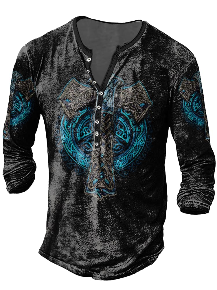 JiffPom Mens Henley Shirts Christian Shirt Jesus Cross Retro Long Sleeve Casual Button Down Washed T-Shirts Boy's Tops