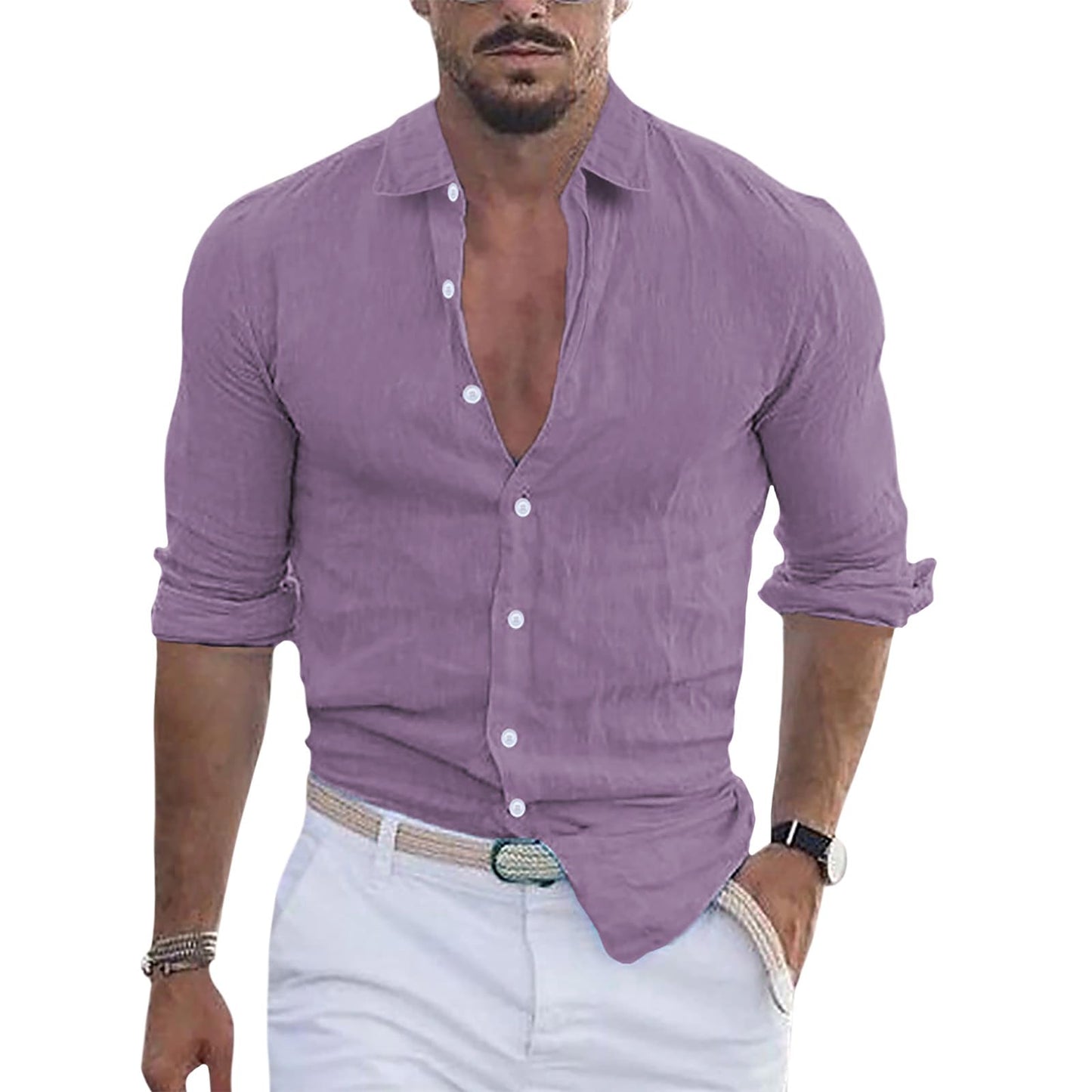 GYMTSL Mens Button Down Shirt Casual Summer Long Sleeve Business Dressy Blouse Solid Collar High Elastic Tops