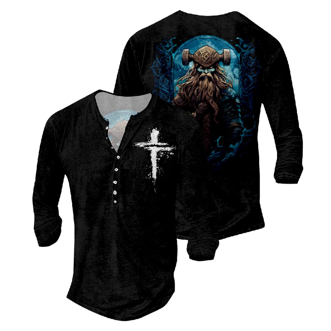 JiffPom Jesus Shirts for Men Distressed Henley Shirts Retro Cross Shirt Long Sleeve Shirt V Neck Button Down Washed T-Shirts