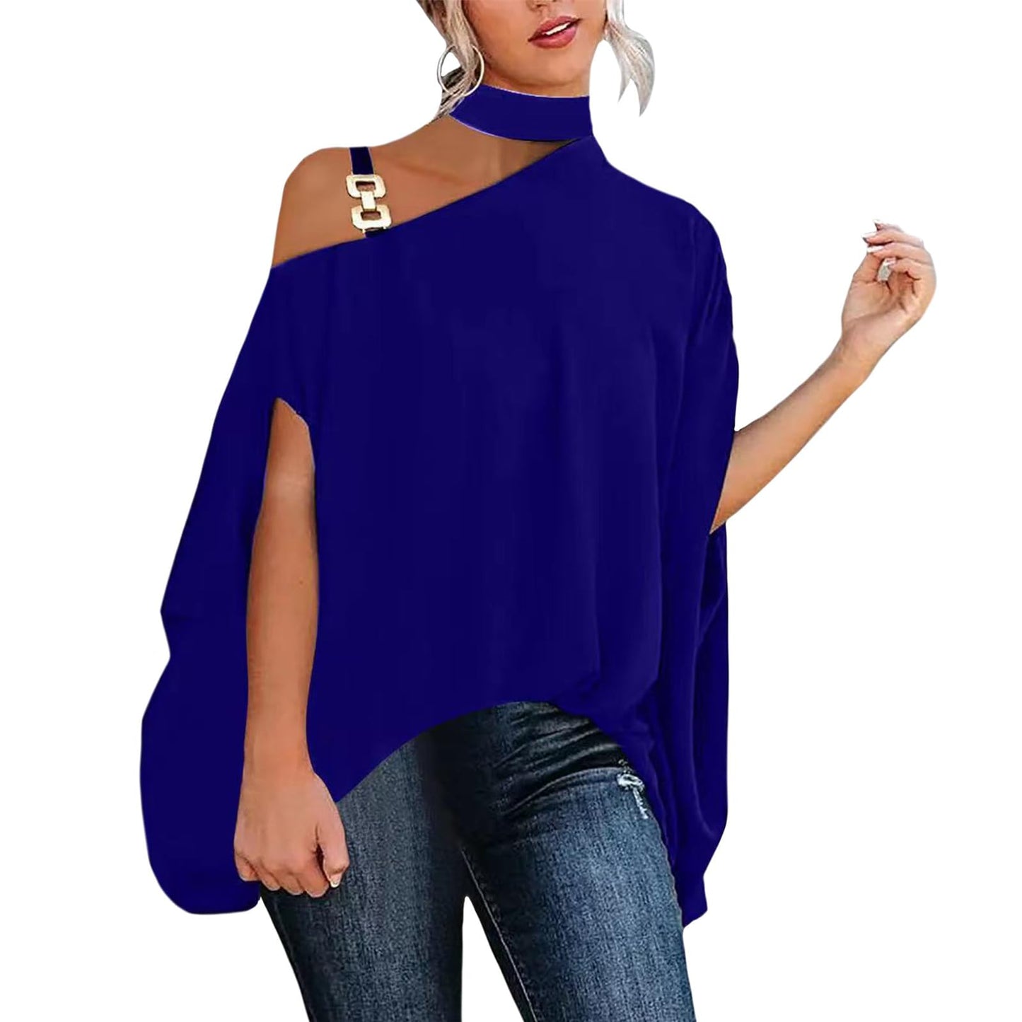 WAZZAP Women‘s One Shoulder Dolman Tops, Batwing Sleeve Off Shoulder Mock Neck Loose Dressy Blouse for Women Elegant Shirts