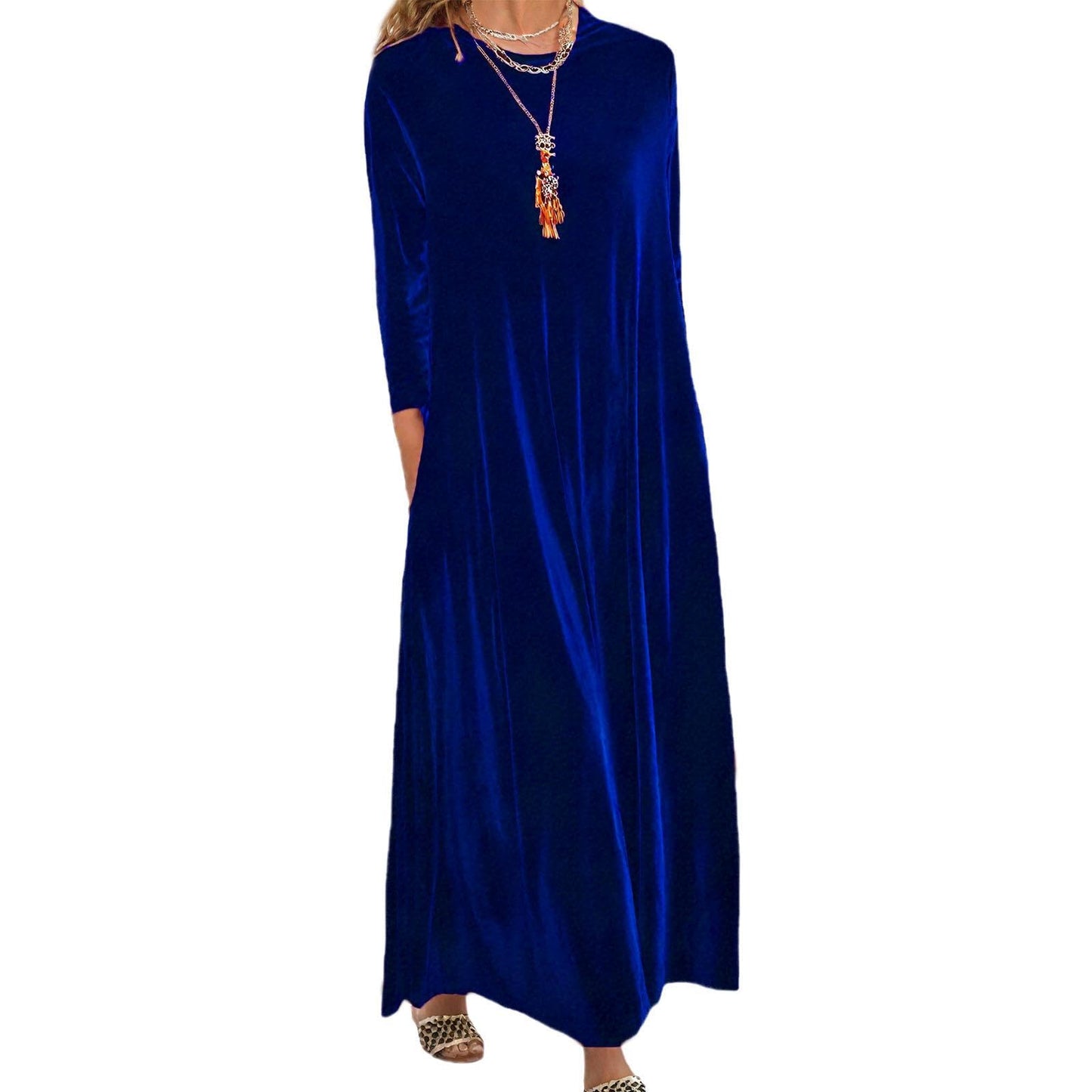 Embryform Velvet Dress for Women Spring Maxi Dress 2026 Plus Size Short Sleeve Velvet Casual Loose Elegant Crew Neck with Pocket