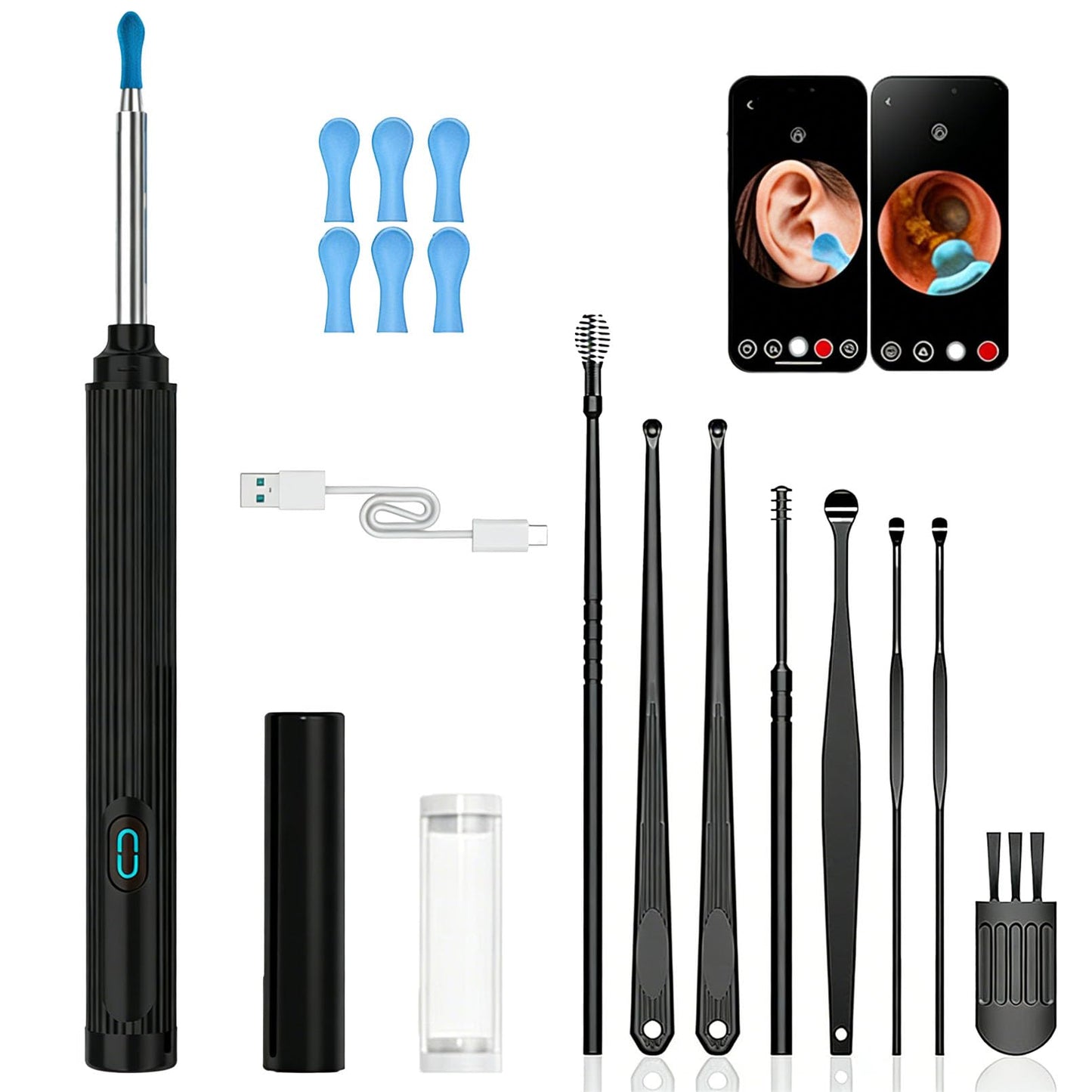 gukoo Ear Wax Removal Kit, 10MP HD Wireless Ear Cleaner with LED Light & Camera, 2-in-1 with Tweezers & Silicone Scoop, IP67 Waterproof (Black, 6 Scoops)