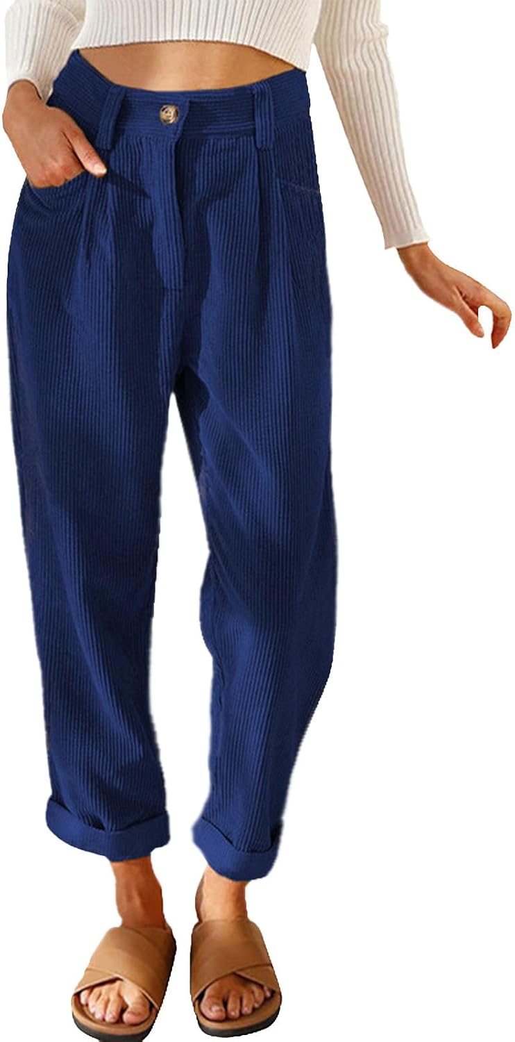 Reigee Womens Premium Corduroy Pants High Waist Wide Leg Trousers with Pockets Button Closure Elastic Waistband Casual Straight