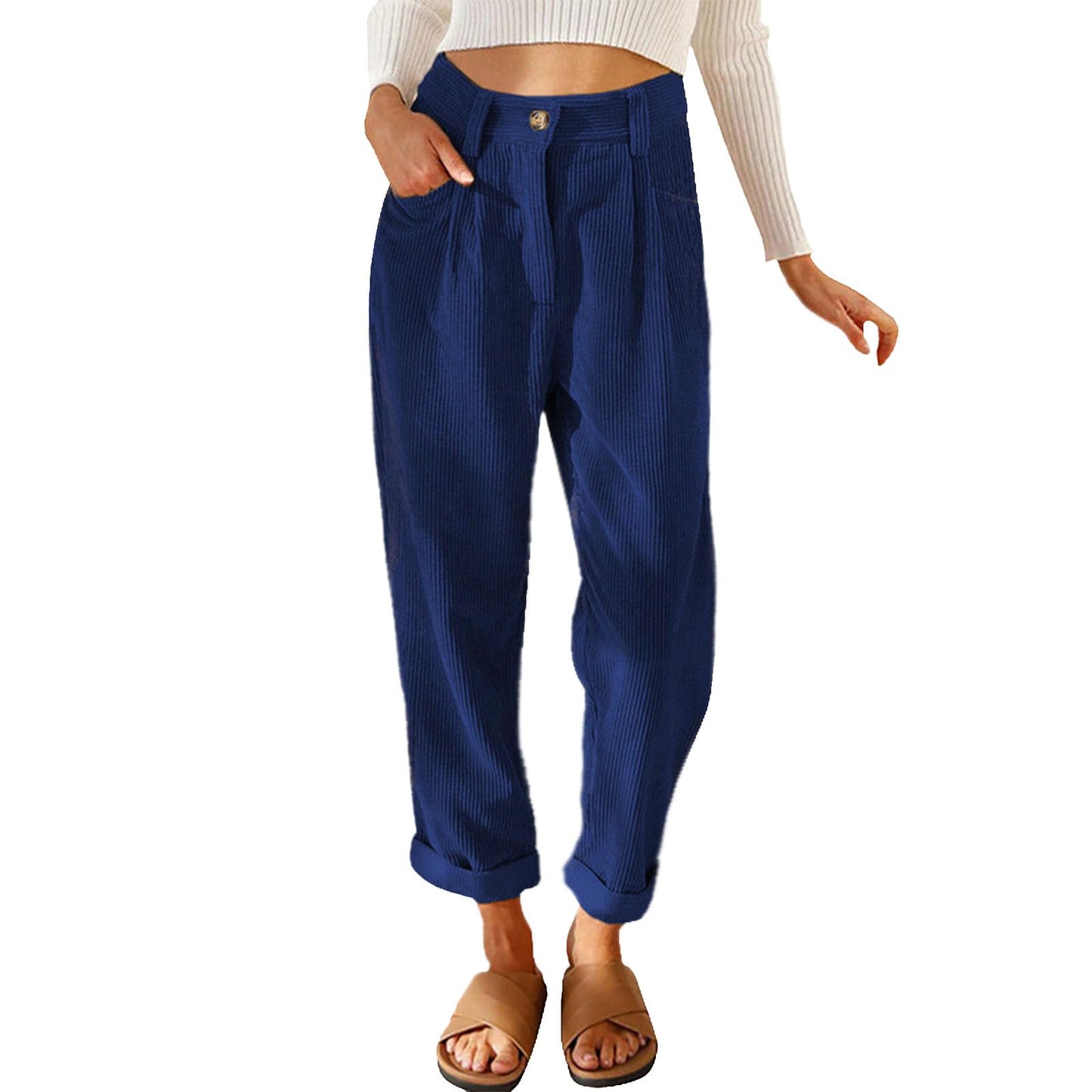 Reigee Womens Premium Corduroy Pants High Waist Wide Leg Trousers with Pockets Button Closure Elastic Waistband Casual Straight