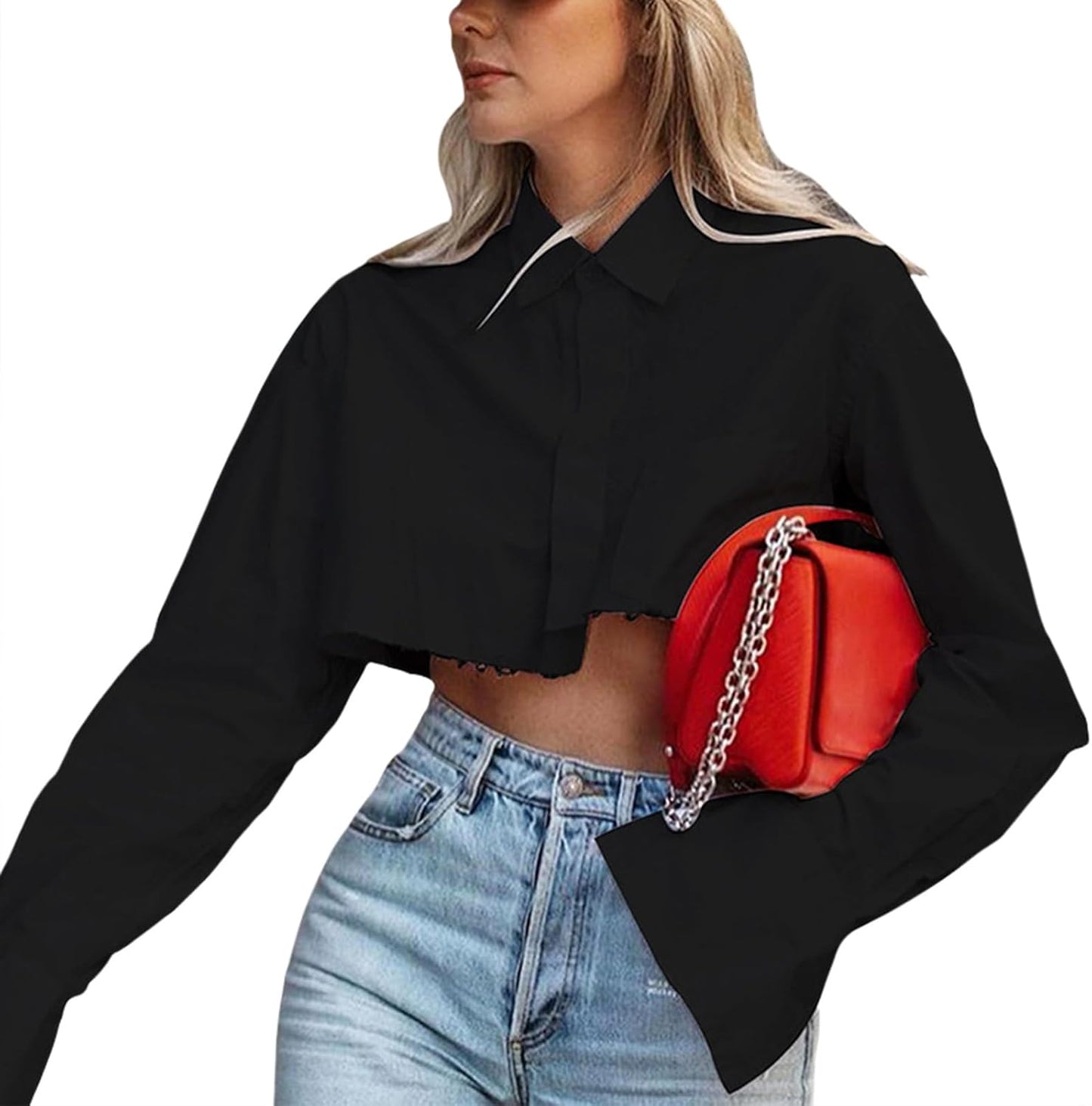 Reigee Women‘s Cropped Button Down Shirt, Short Waisted Collared Crop Tops Asymmetrical Hem Long Sleeve Streetwear Blouse