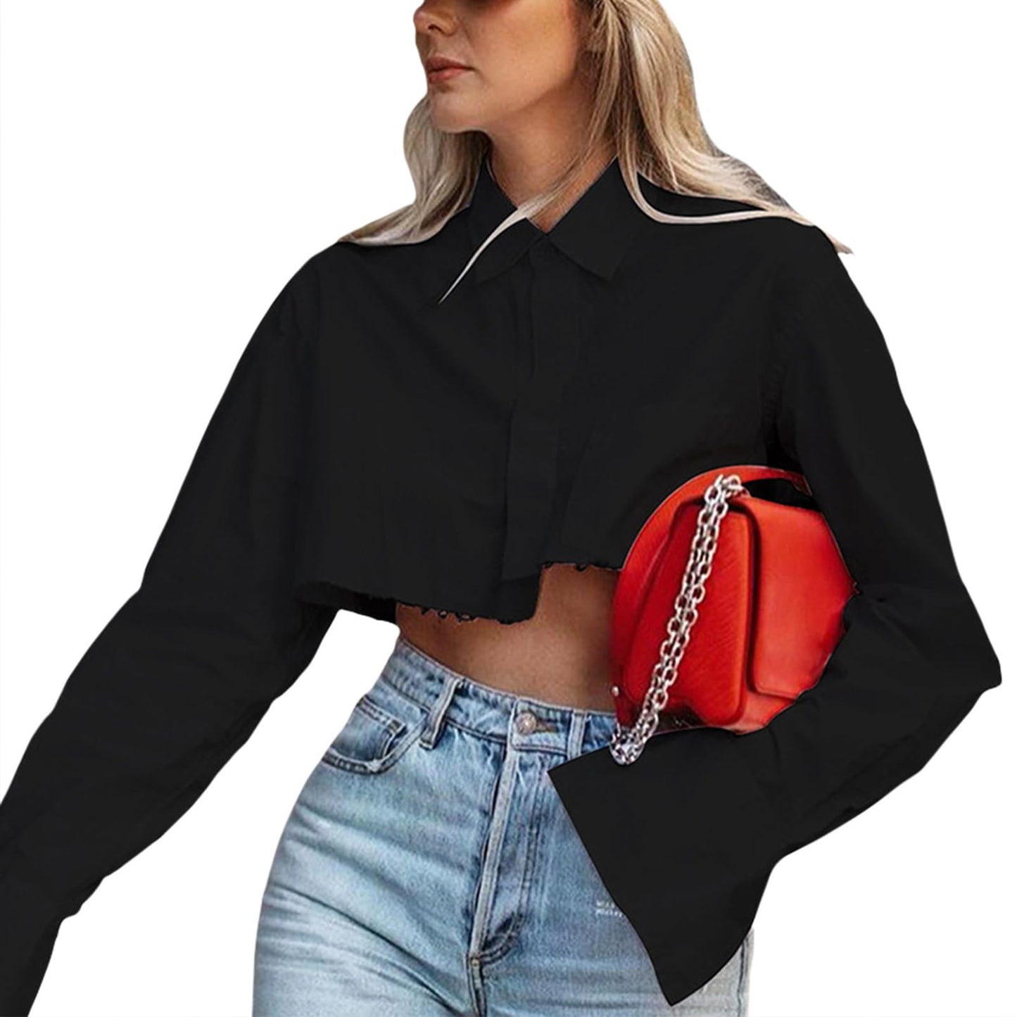 Reigee Women‘s Cropped Button Down Shirt, Short Waisted Collared Crop Tops Asymmetrical Hem Long Sleeve Streetwear Blouse