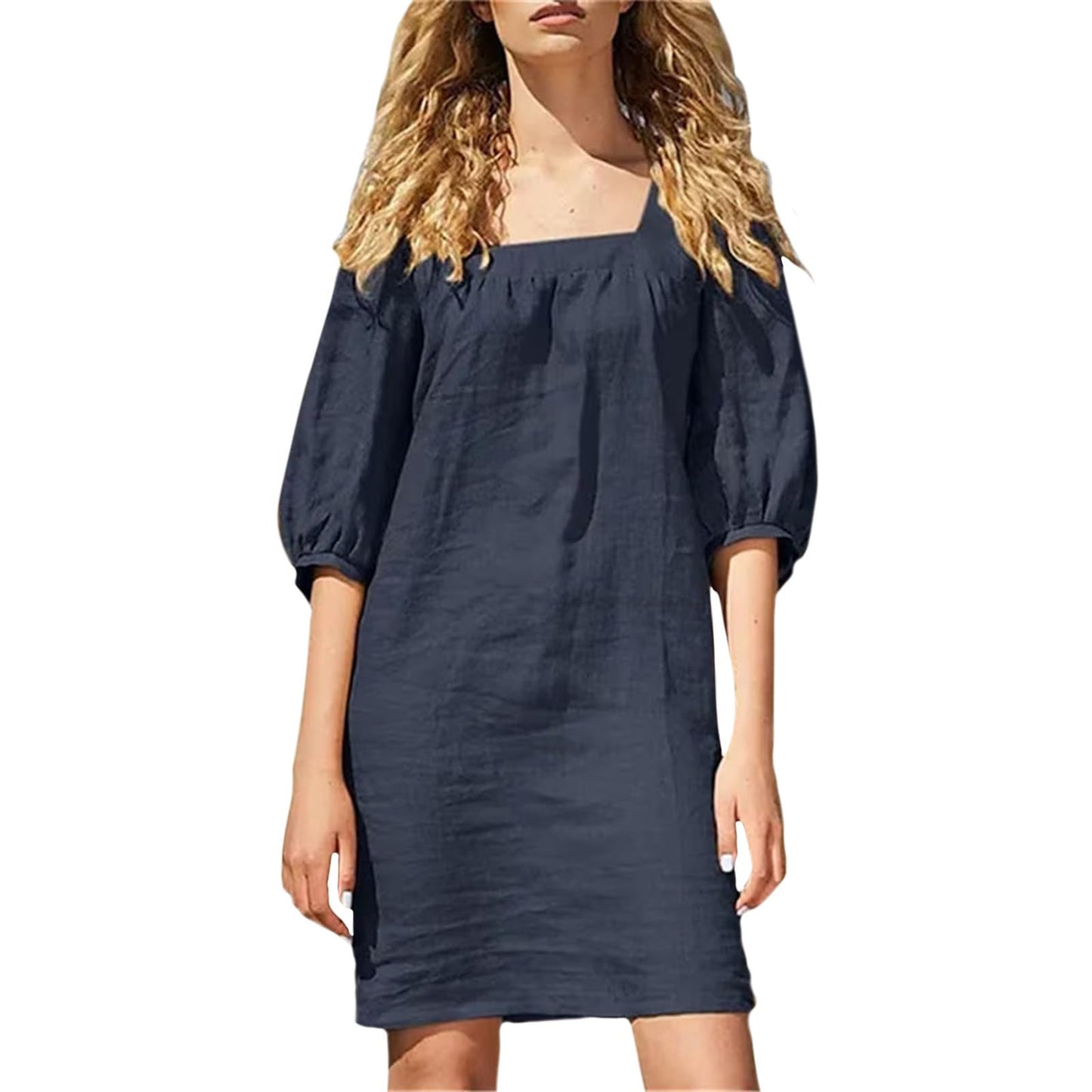 NAILONG Linen Mini Dress Women, Short Puff Sleeve Square Neck Elbow Sleeve Summer Casual Loose Beach Vacation Dress 2026
