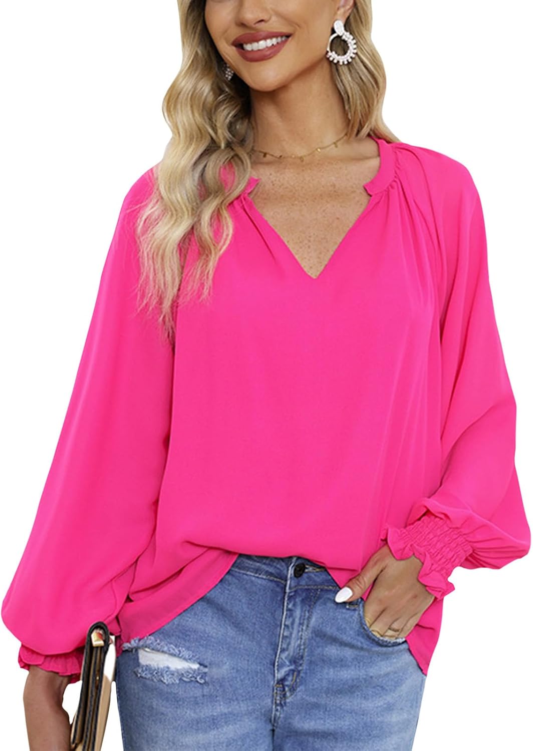 Gymrex Pleated Tops for Women - Lantern Sleeve Top V Neck Pleated Blouse Spring 2026 Trendy Long Sleeve Plus Size Shirt