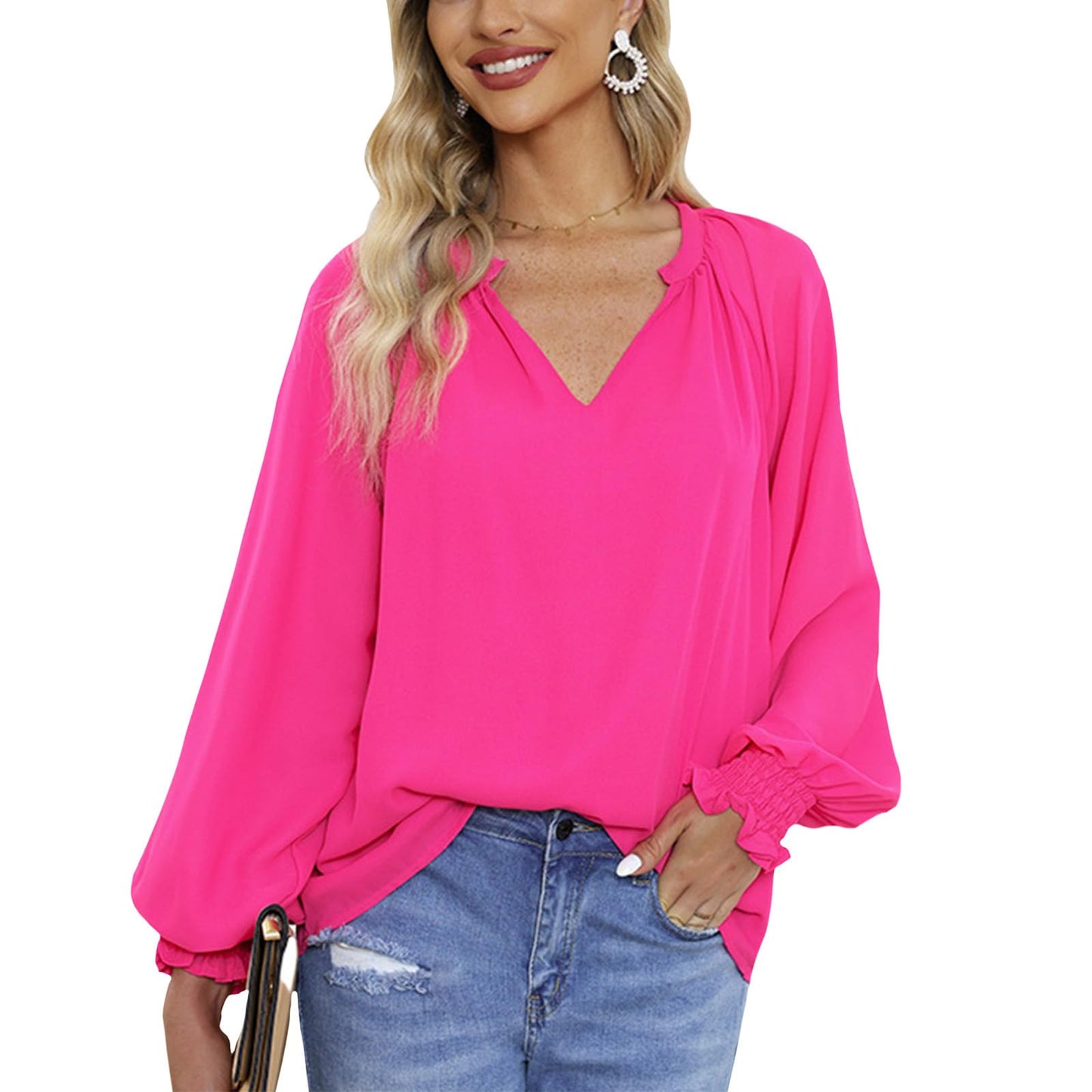 Gymrex Pleated Tops for Women - Lantern Sleeve Top V Neck Pleated Blouse Spring 2026 Trendy Long Sleeve Plus Size Shirt