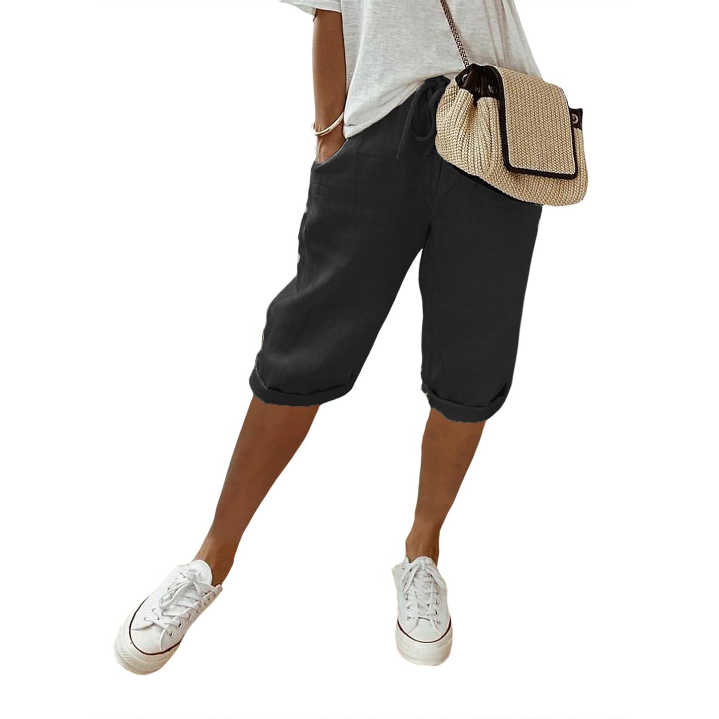 FONDBERYL Womens Cotton Linen Shorts Knee Length Drawstring Elastic Waist Summer Casual Gym Going Out Shorts with Pockets