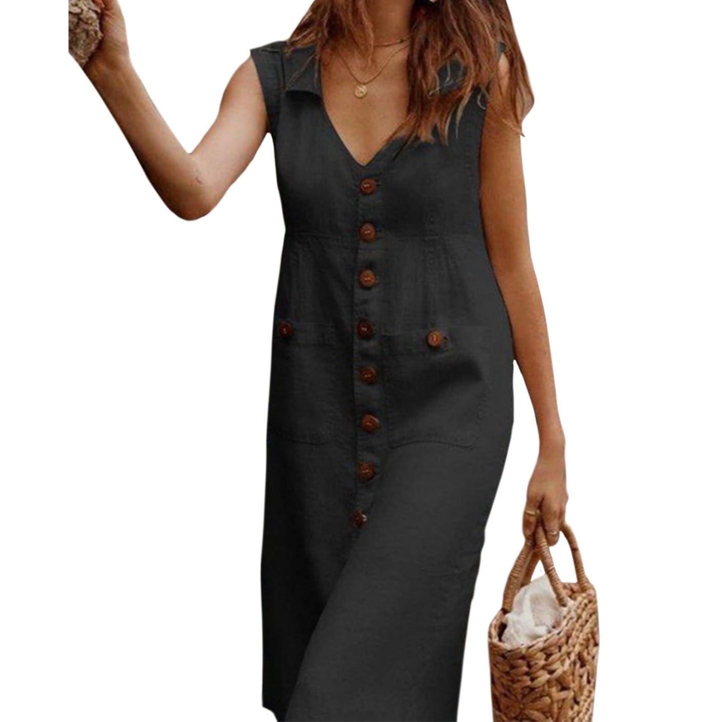 gukoo V Neck Tie Waist Linen Dresses for Women Sleeveless Button Front Shirt Dresses Beach Summer Maxi Dress with Pockets