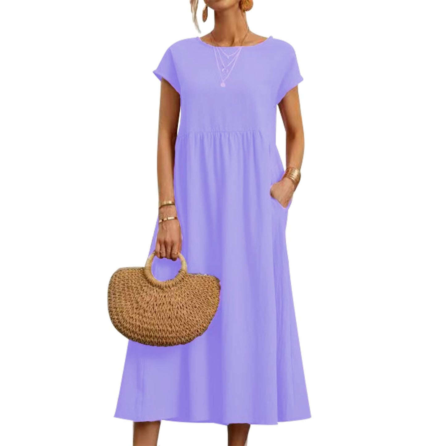 gukoo Cotton Linen Dress for Women Short Sleeve Casual Crew Neck Loose Maxi Summer 2026 Beach Vacation Dress with Pockets