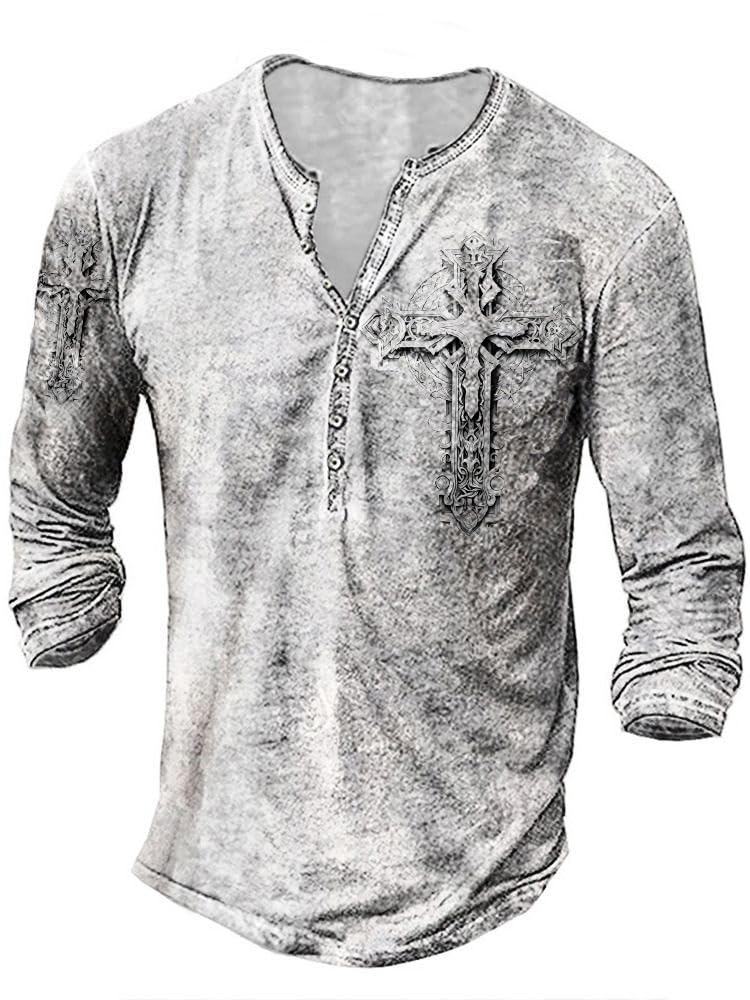 JiffPom Mens Henley Shirts Christian Shirt Jesus Cross Retro Long Sleeve Casual Button Down Washed T-Shirts Boy's Tops
