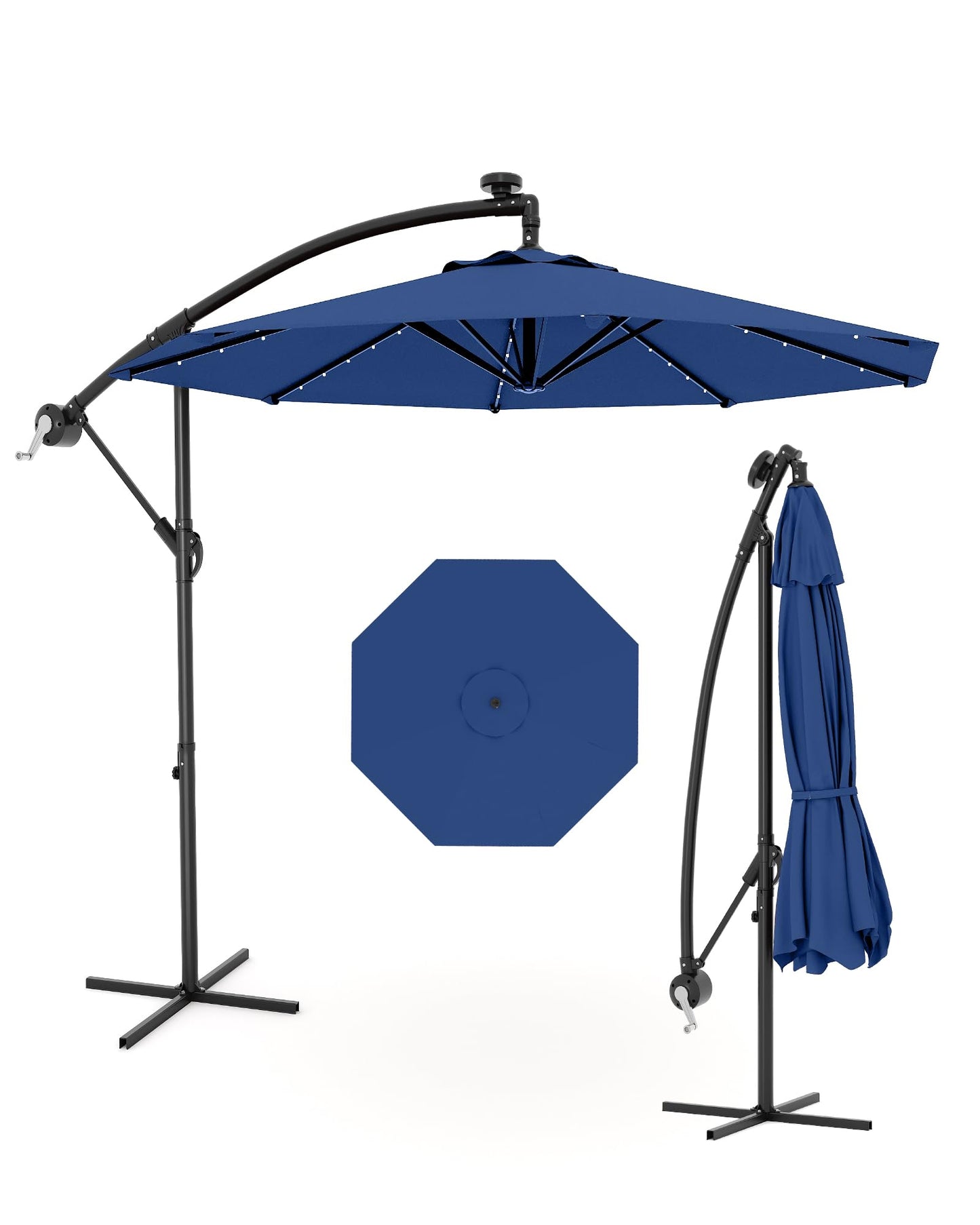 JiffPom 10FT Cantilever Patio Umbrella with Solar LED Lights - Offset Outdoor Umbrella - Easy Lift & Tilt - UV Protection - Fade Resistant - Ideal for Deck, Pool, Garden
