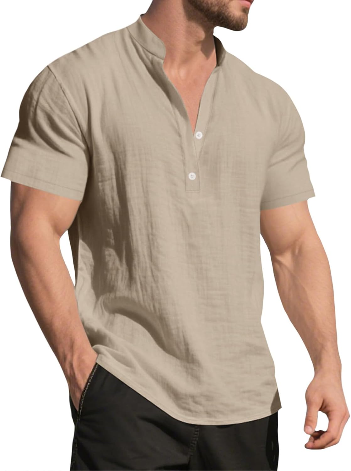 GYMBULL Linen Shirts for Men Fashion Solid Color Beach Summer Tops Casual Stand Collar Button Down Short Sleeve Henley Shirt