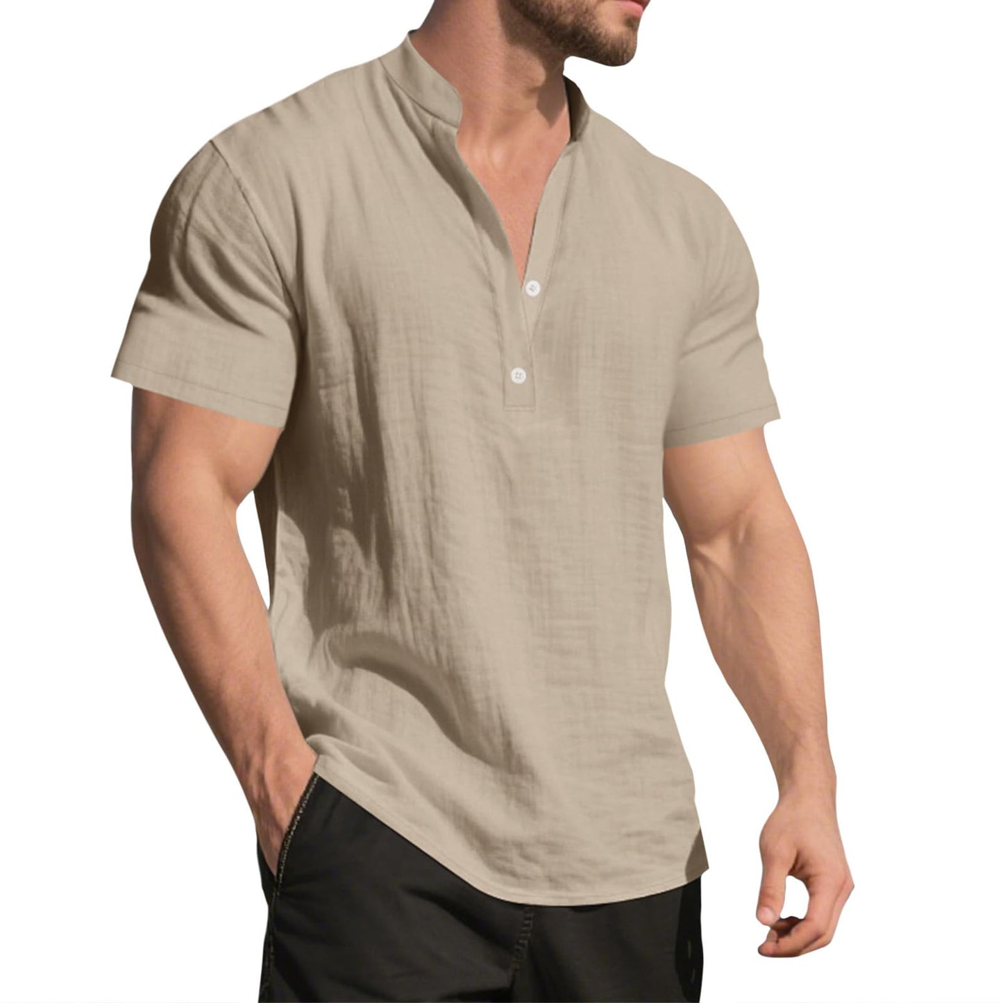 GYMBULL Linen Shirts for Men Fashion Solid Color Beach Summer Tops Casual Stand Collar Button Down Short Sleeve Henley Shirt
