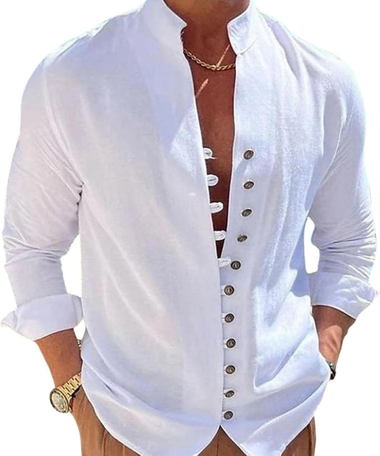 Befox Mens Dressy Casual Button Down Shirts Solid Color Cotton Blend Long Sleeve Summer Vacation Shirt Tops