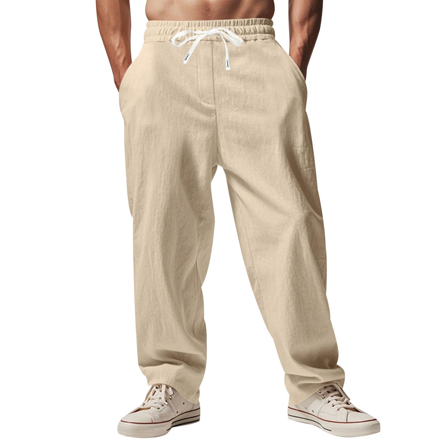 Alivebody Mens Linen Pants Straight-Legs Elastic Waist Casual Summer Beach Pants Drawstring Lightweight Trousers with Pockets