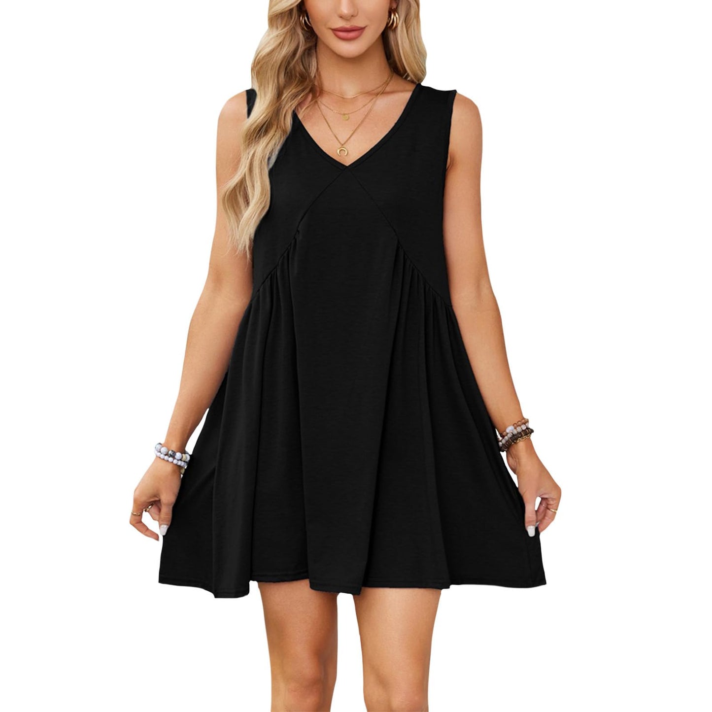 NAILONG Babydoll Mini Dress for Women, Pleated Flowy V Neck Tank Sleeveless Summer Swing Casual Beach Vacation Sun Dress