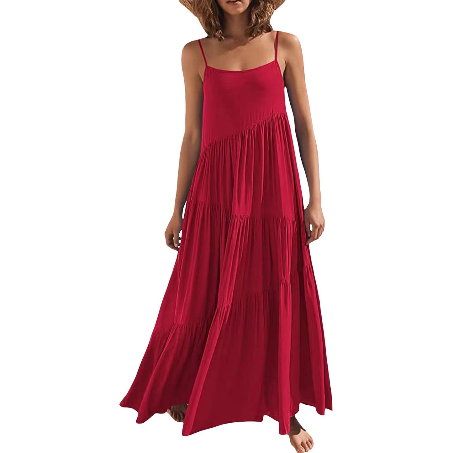 Bejirog Summer Spaghetti Strap Maxi Dress for Women, Tiered Ruffle Vacation Beach Square Neck Long Flowy Cami Sun Dress