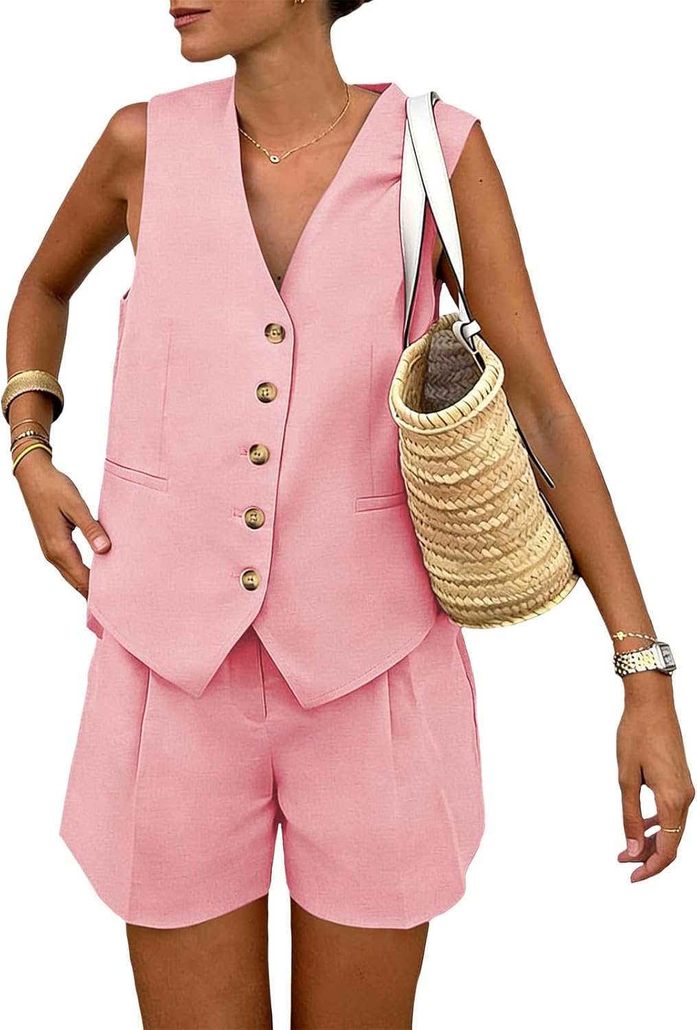 Bejirog Women's Summer 2 Piece Outfit Sets,V Neck Sleeveless Button Down Vest & Casual Shorts with Pockets Business Outfits