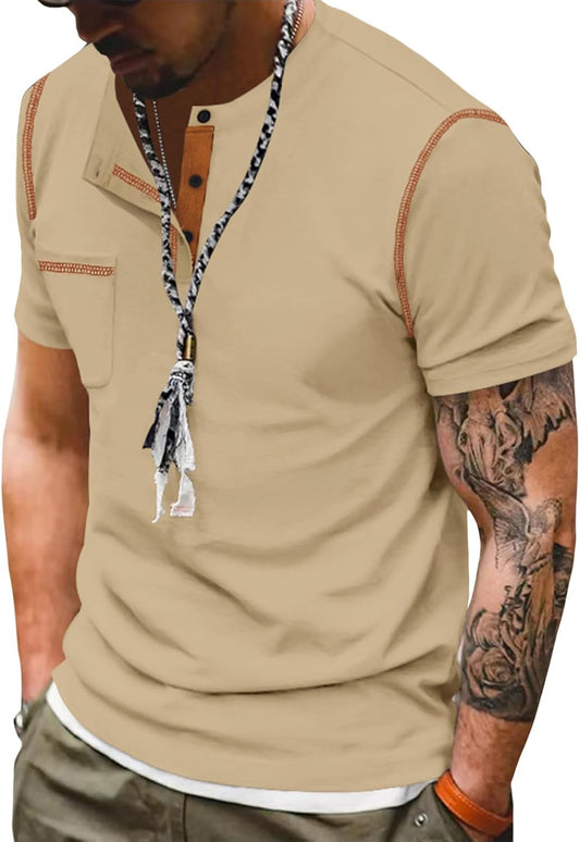 Embryform Shirts for Men Summer Short Sleeve Casual Basic Henley T-Shirts with Pocket Fashion Stylish Classic Button Tee Tops