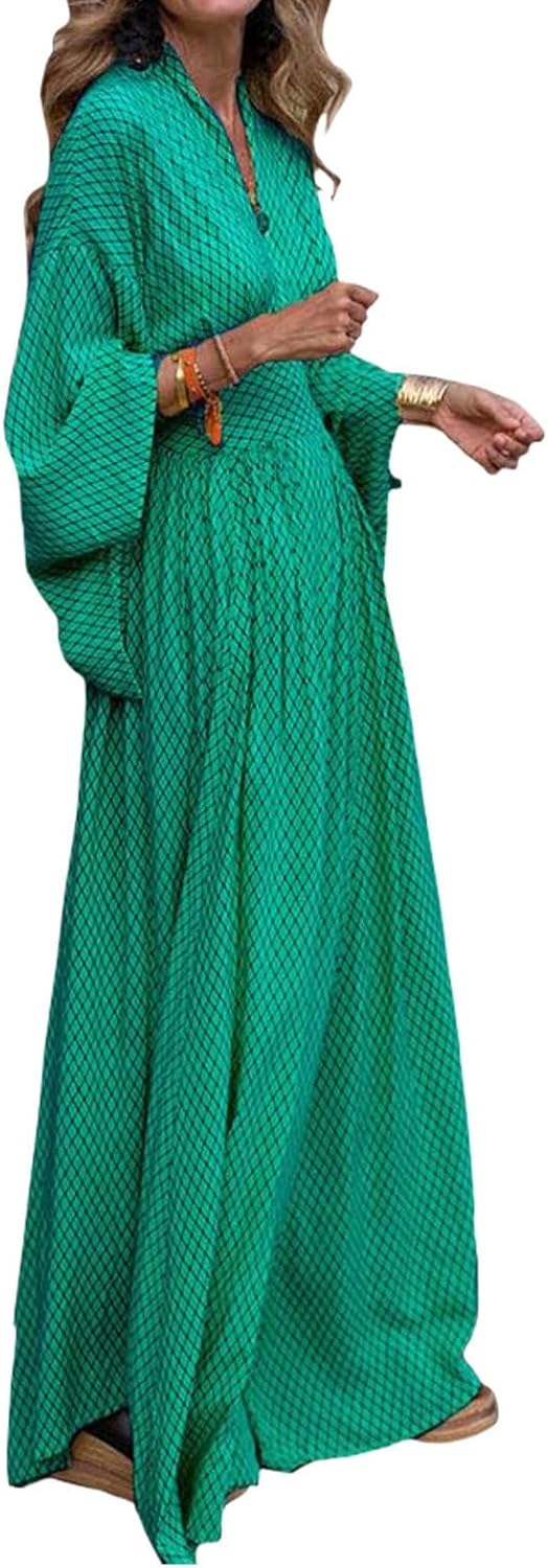 Alivebody Flowy Long Boho Maxi Dress for Women with Deep V Neck & Bell Sleeves, Empire Waist Casual Wedding Guest Dress