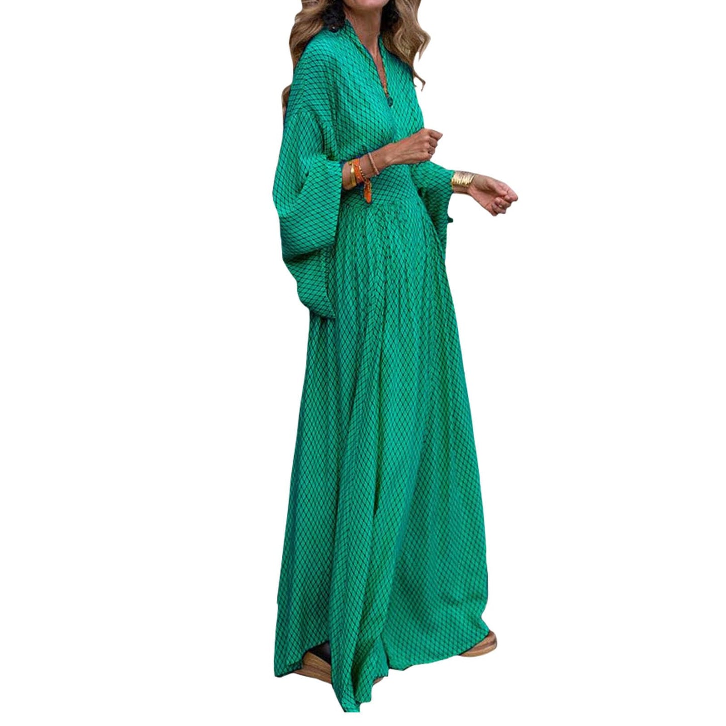 Alivebody Flowy Long Boho Maxi Dress for Women with Deep V Neck & Bell Sleeves, Empire Waist Casual Wedding Guest Dress