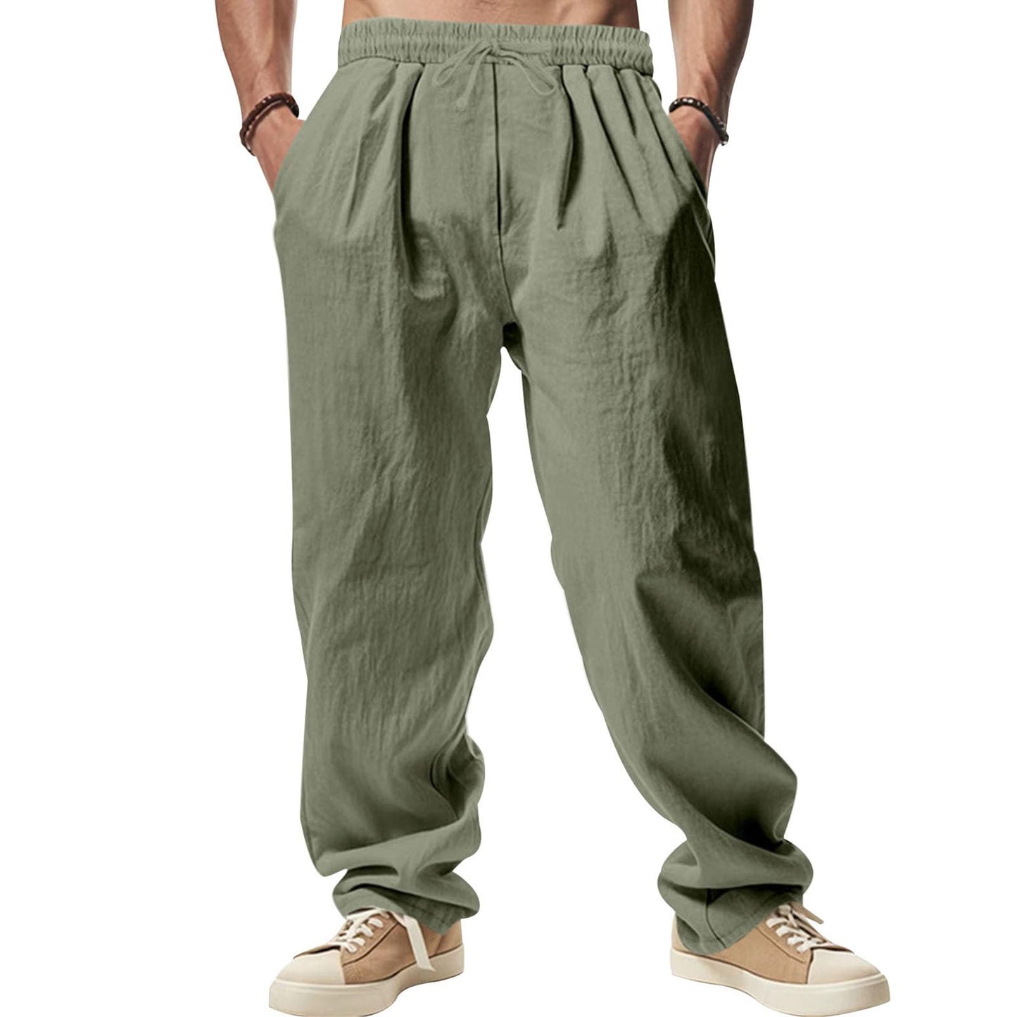 GYMTSL Mens Linen Pants Drawstring Baggy Casual Summer Trousers Straight-Legs Elastic Waist Beach Pants with Pockets