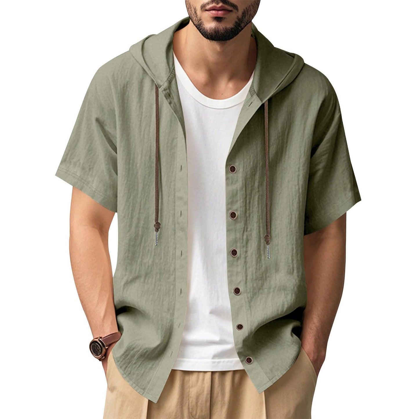 JiffPom Mens Shirts Solid Color Linen Short Sleeve Casual Loose Fit Button Down Shirts with Hoodies Summer Beach Tops