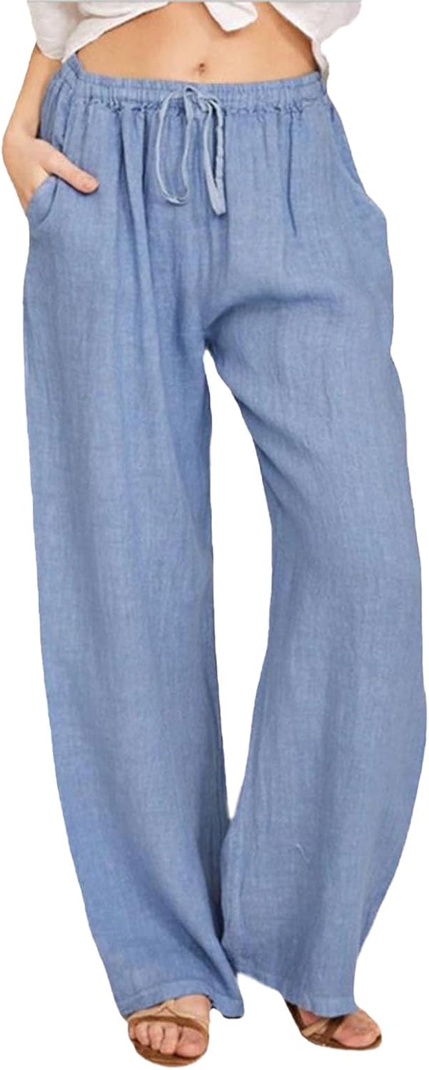 WAZZAP Women Pure Linen Wide Leg Pants High Waisted Drawstring Loose Trousers with Pockets for Summer